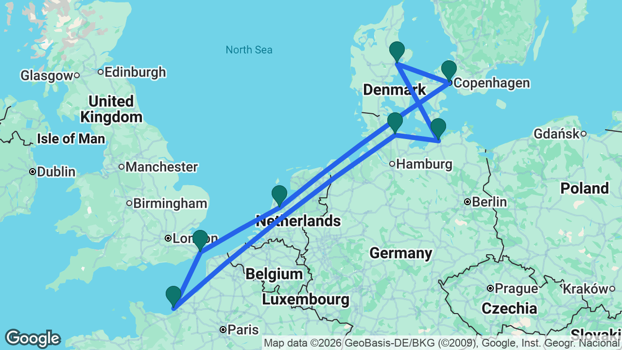 Route map: Dover -> Paris -> Kiel -> Berlin -> Aarhus -> Copenhagen -> Amsterdam -> Dover
