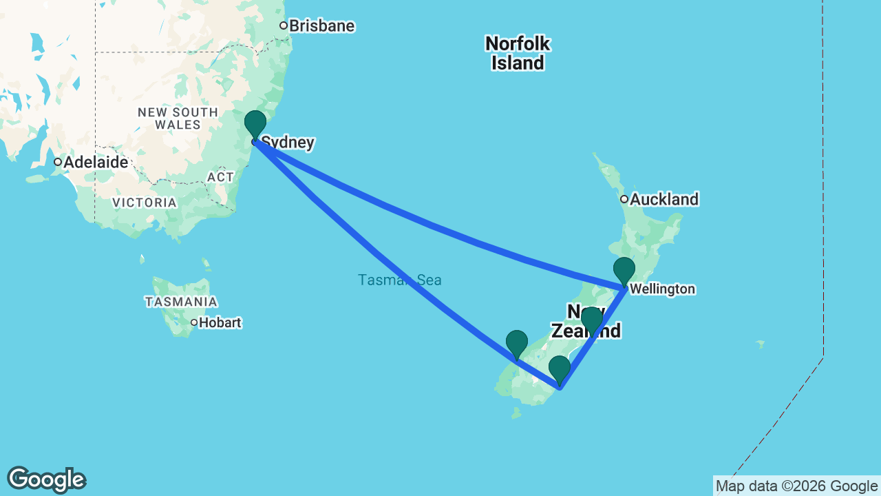 Route map: Sydney -> Wellington -> Christchurch -> Dunedin -> Fiordland National Park -> Sydney