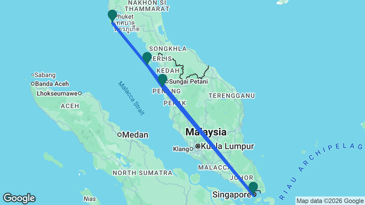 Route map: Singapore -> Penang -> Langkawi -> Phuket -> Singapore