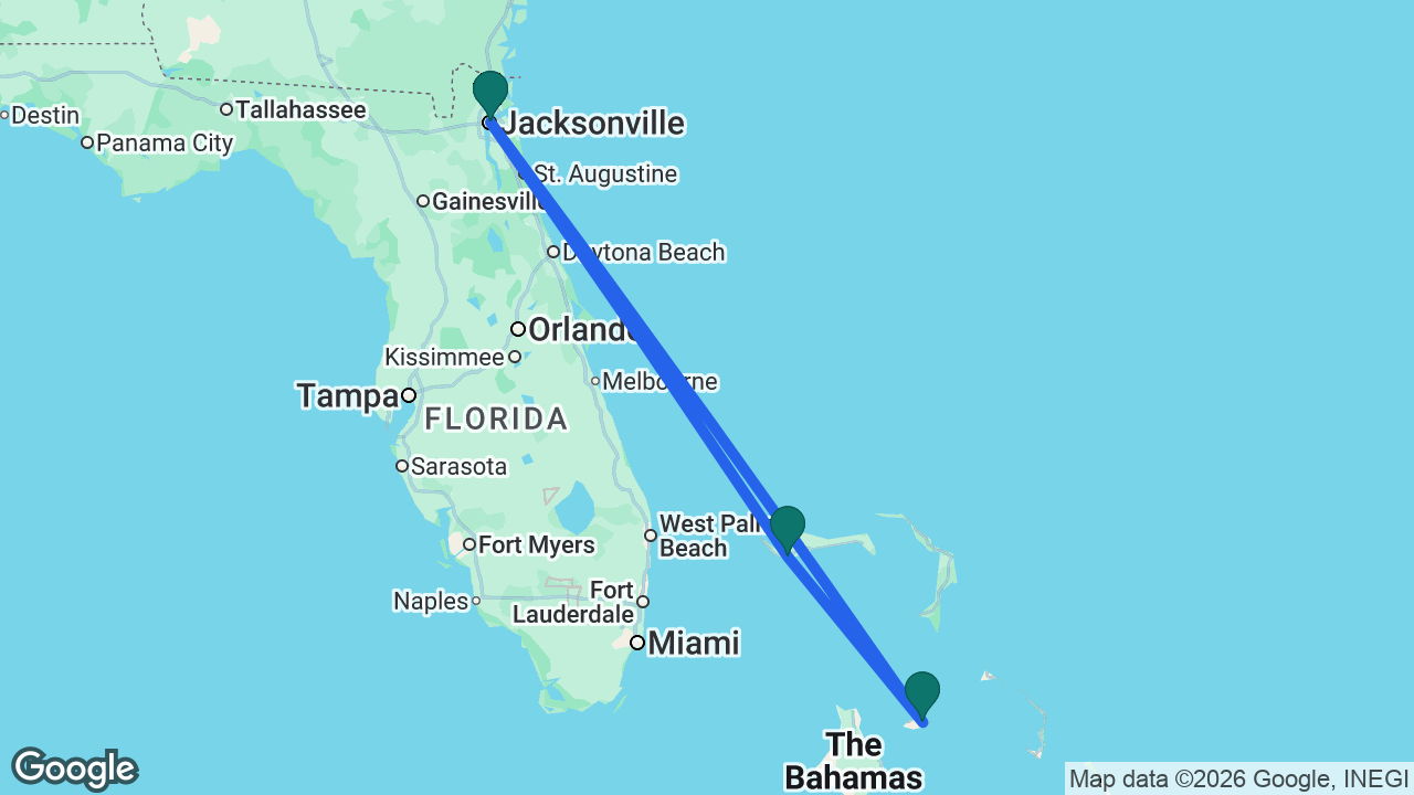 Route map: Jacksonville -> Freeport -> Nassau -> Jacksonville