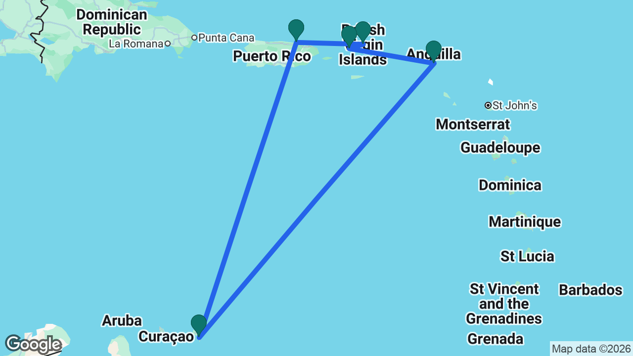 Route map: San Juan -> Bonaire -> St. Maarten -> St. Thomas -> Tortola -> San Juan