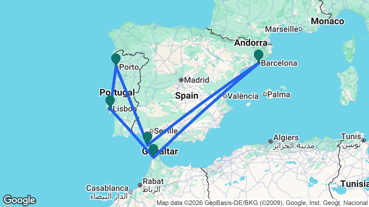 Route map: Barcelona -> Cádiz -> Porto -> Lisbon -> Tangier -> Barcelona