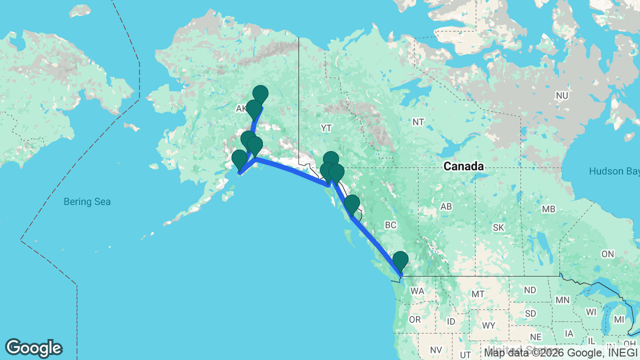 Route map: Fairbanks -> Denali -> Anchorage -> Homer -> Whittier -> Glacier Bay -> Skagway -> Juneau -> Ketchikan -> Vancouver