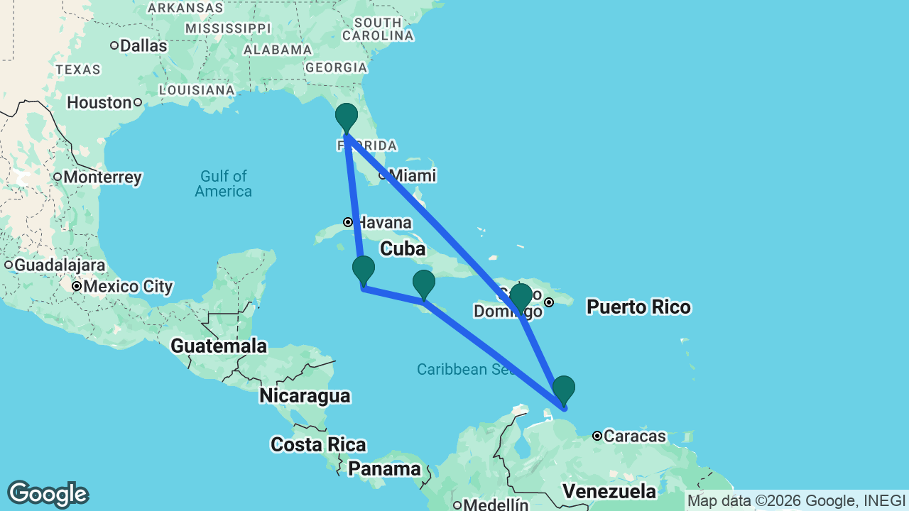 Route map: Tampa -> Cabo Rojo -> Curaçao -> Falmouth -> Grand Cayman -> Tampa