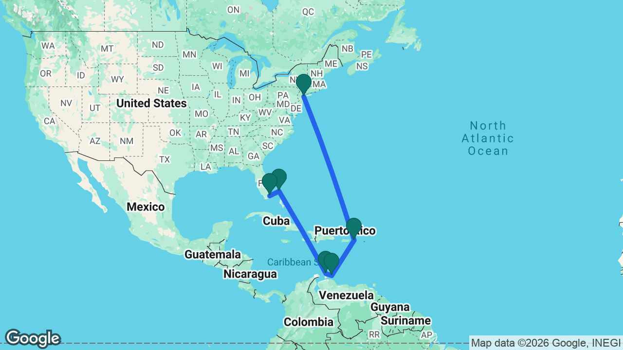 Route map: Miami -> Celebration Key -> Aruba -> Curaçao -> St. Thomas -> New York