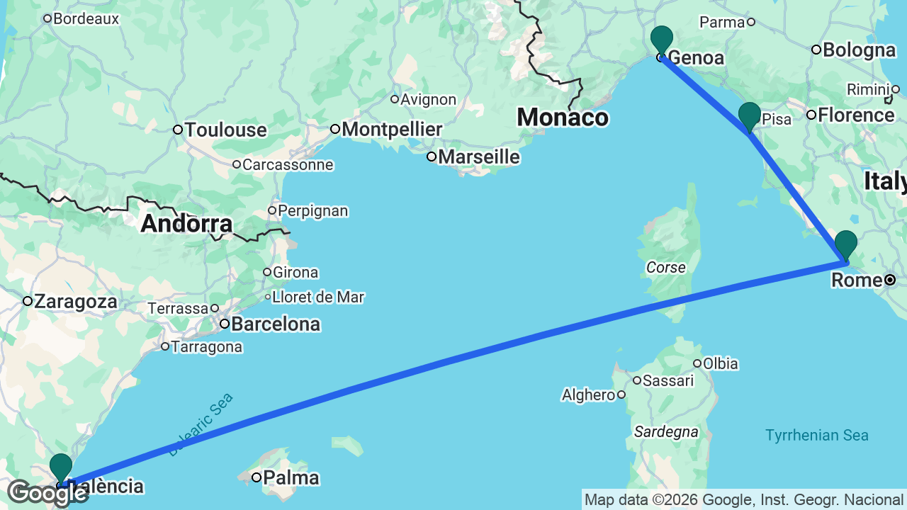 Route map: Genoa -> Florence -> Rome -> Valencia