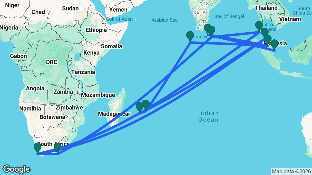 Route map: Singapore -> Colombo -> Kuala Lumpur -> Malé -> Port Louis -> Réunion (Le Port) -> Penang -> Cape Town -> Phuket -> Hambantota -> Port Elizabeth -> Cape Town