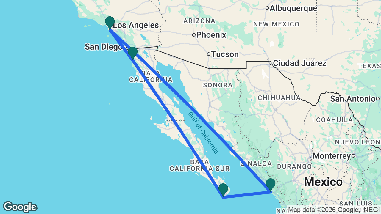 Route map: Los Angeles -> Ensenada -> Cabo -> Mazatlán -> Los Angeles