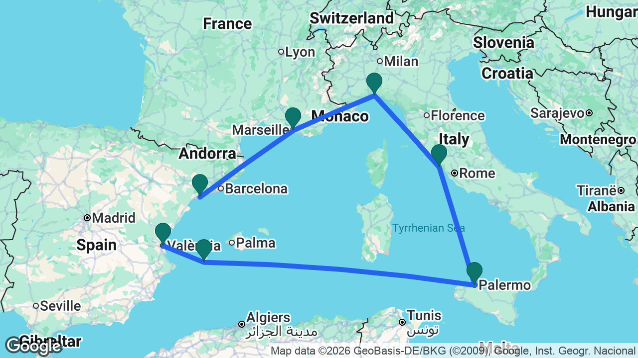Route map: Tarragona -> Marseille -> Genoa -> Rome -> Palermo -> Ibiza -> Valencia