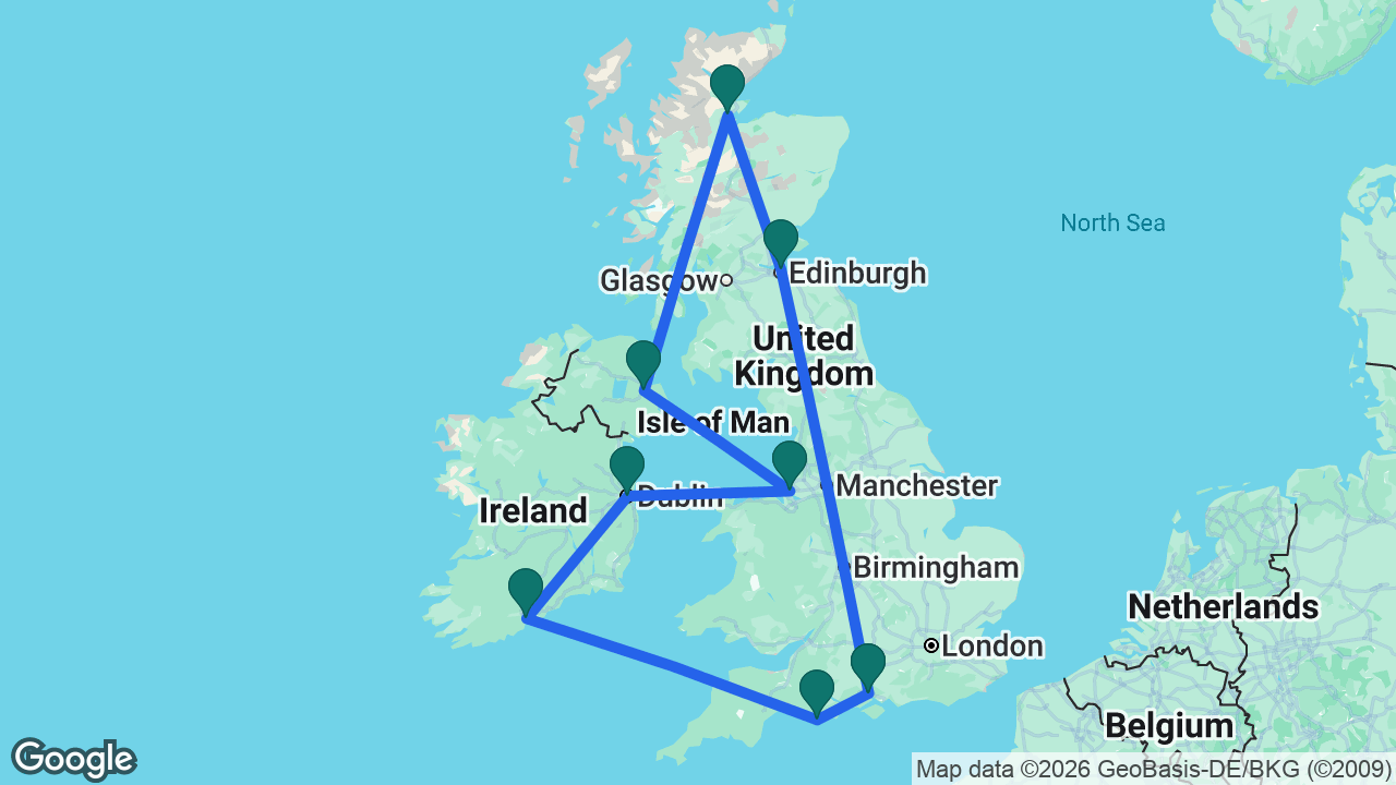 Route map: Southampton -> Edinburgh -> Invergordon -> Belfast -> Liverpool -> Dublin -> Cobh -> Portland -> Southampton