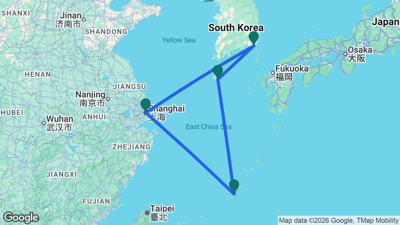 Route map: Shanghai -> Naha -> Gangjeong -> Busan -> Shanghai
