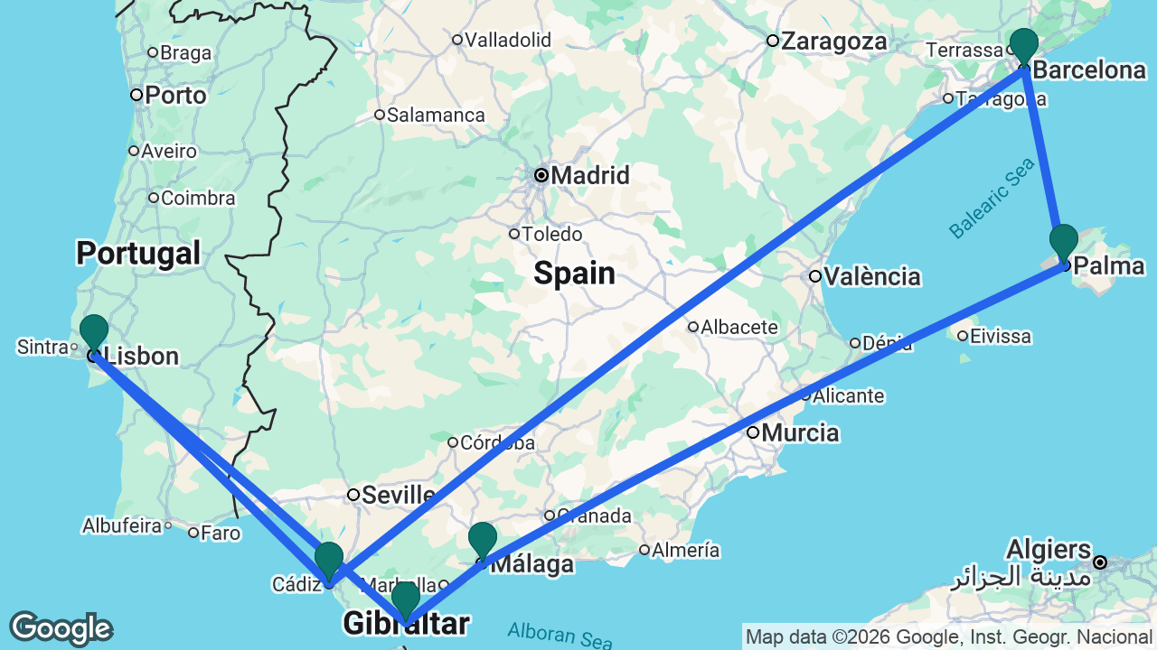 Route map: Barcelona -> Cádiz -> Lisbon -> Gibraltar -> Málaga -> Mallorca -> Barcelona