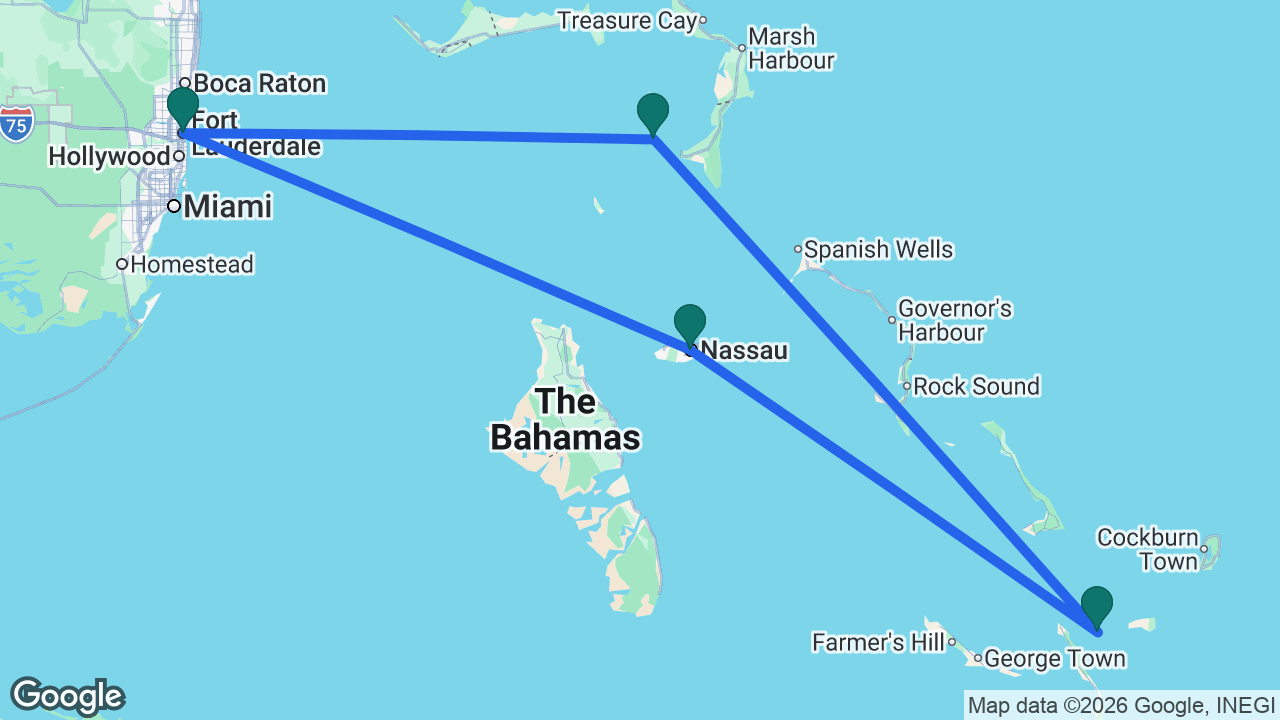 Route map: Fort Lauderdale -> Castaway Cay -> Lookout Cay -> Nassau -> Fort Lauderdale