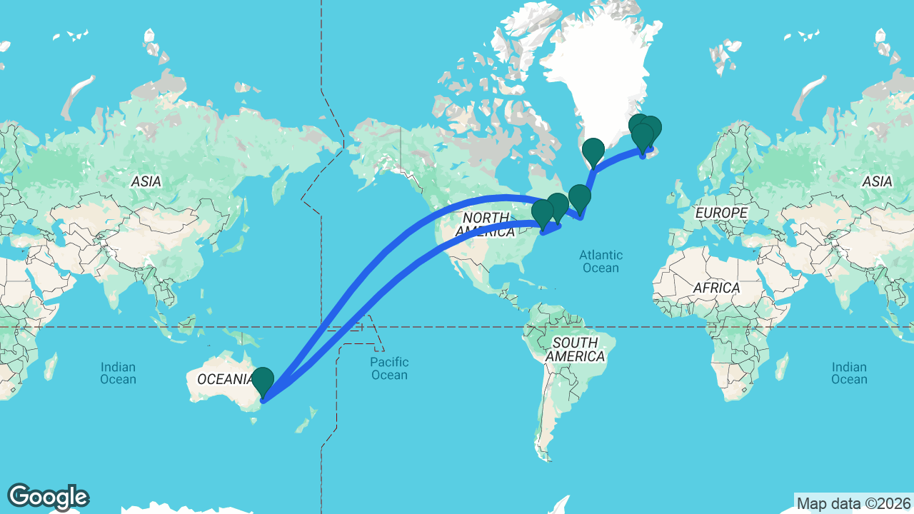 Route map: Reykjavik -> Isafjordur -> Akureyri -> Qaqortoq -> St. John's -> Sydney -> Halifax -> Boston