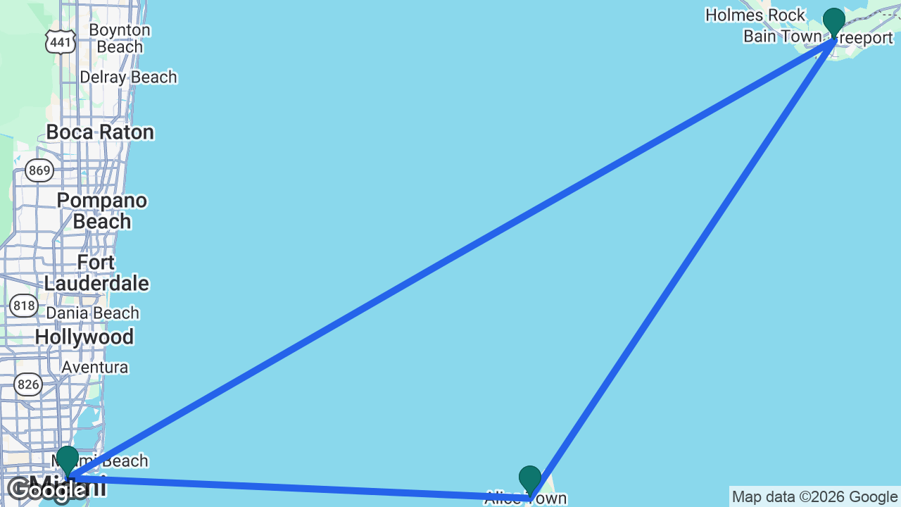 Route map: Miami -> Freeport -> Bimini -> Miami