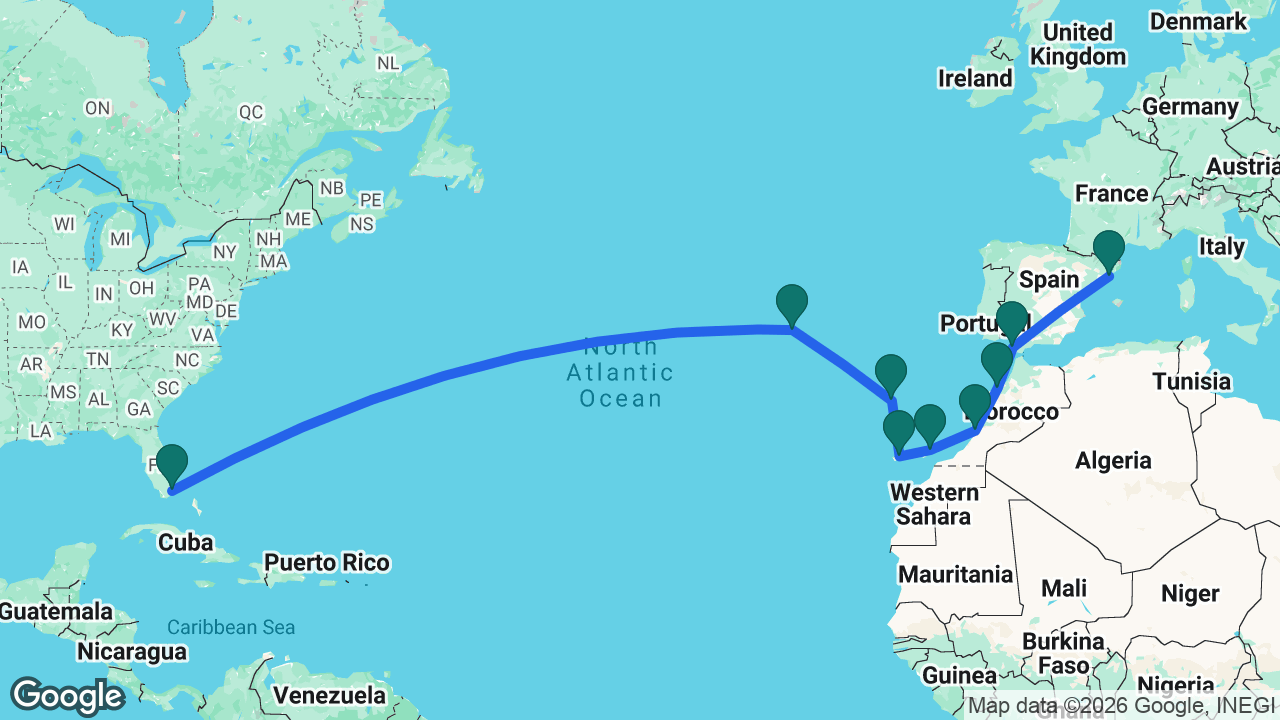 Route map: Barcelona -> Cádiz -> Casablanca -> Agadir -> Lanzarote -> Tenerife -> Madeira -> Azores -> Miami