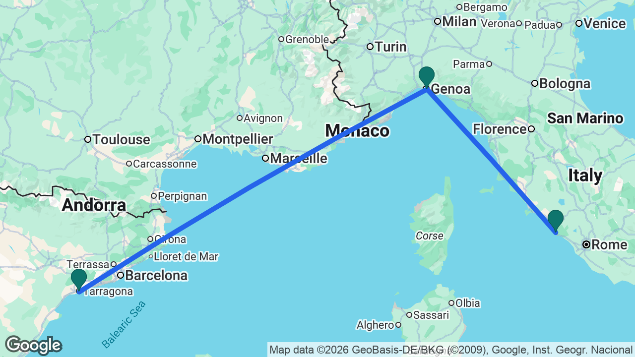 Route map: Rome -> Genoa -> Tarragona