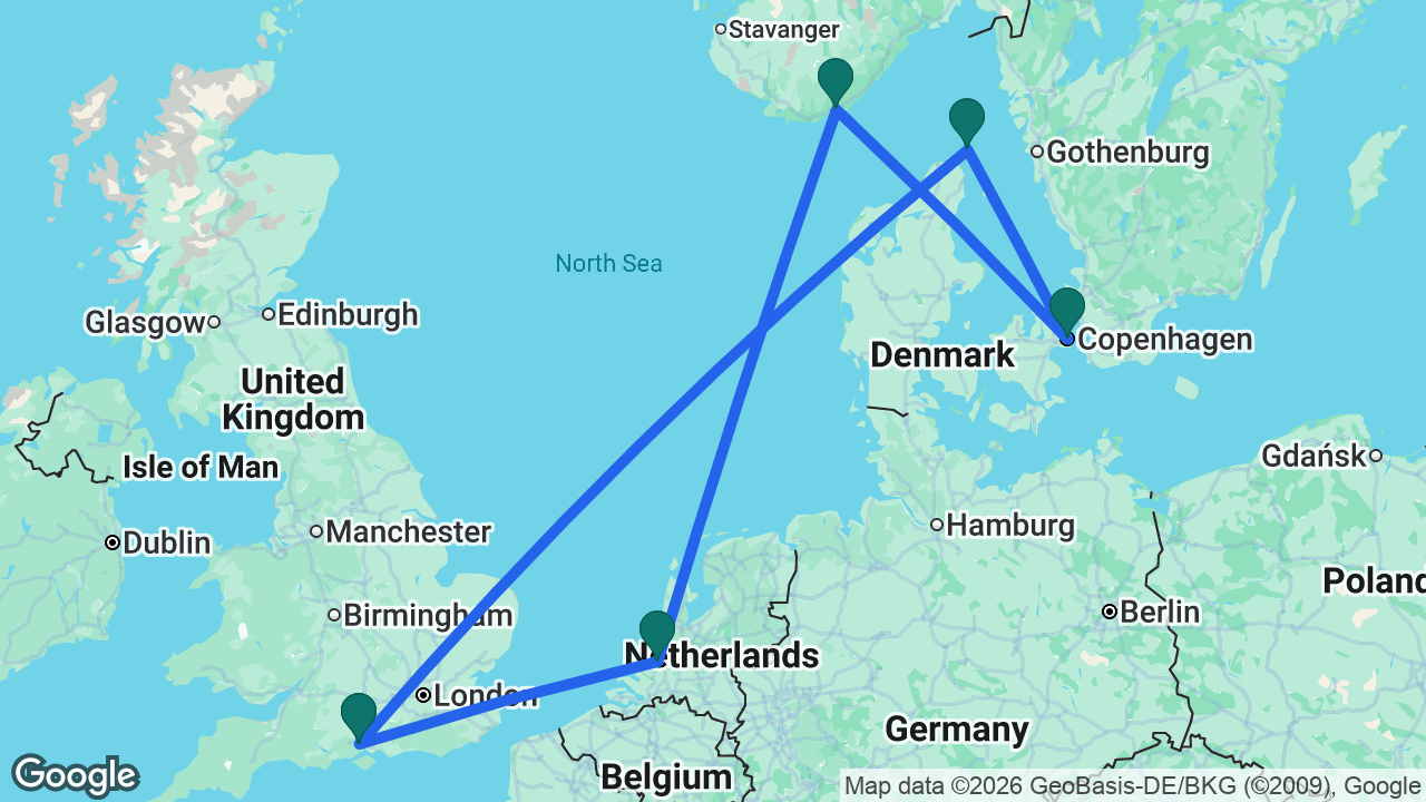 Route map: Southampton -> Rotterdam -> Kristiansand -> Copenhagen -> Skagen -> Southampton