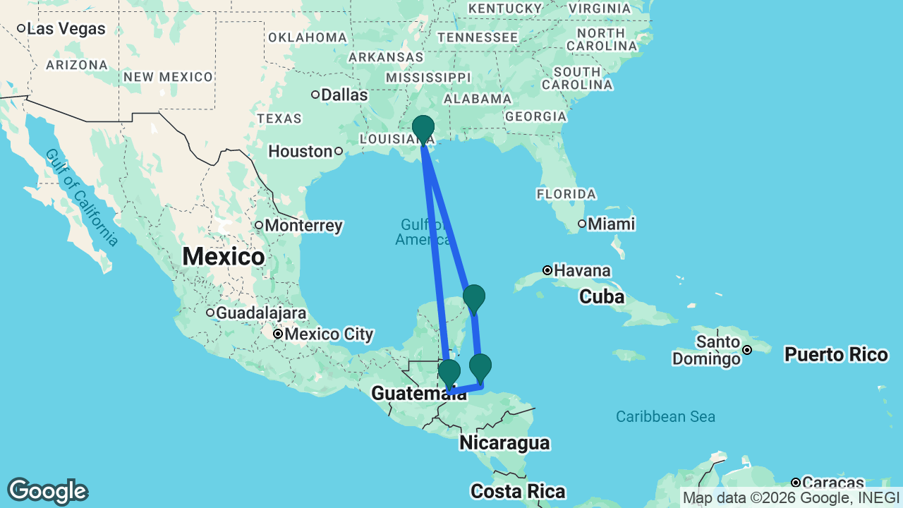 Route map: New Orleans -> Cozumel -> Roatán -> Harvest Caye -> New Orleans