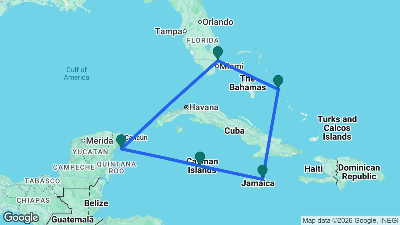 Route map: Fort Lauderdale -> Half Moon Cay -> Ocho Rios -> Grand Cayman -> Cozumel -> Fort Lauderdale