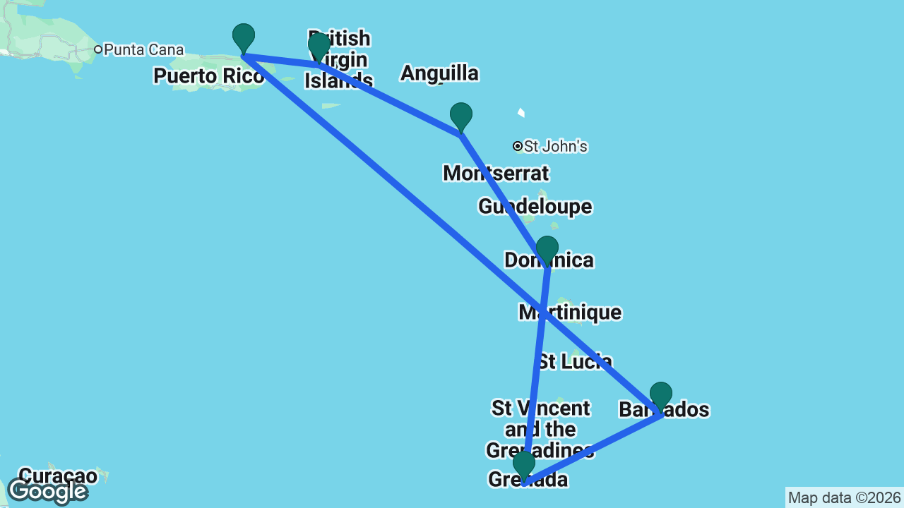 Route map: Barbados -> San Juan -> St. Thomas -> St. Kitts -> Dominica -> Grenada -> Barbados