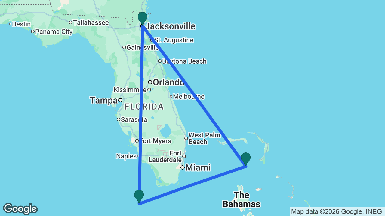 Route map: Jacksonville -> Key West -> Great Stirrup Cay -> Jacksonville