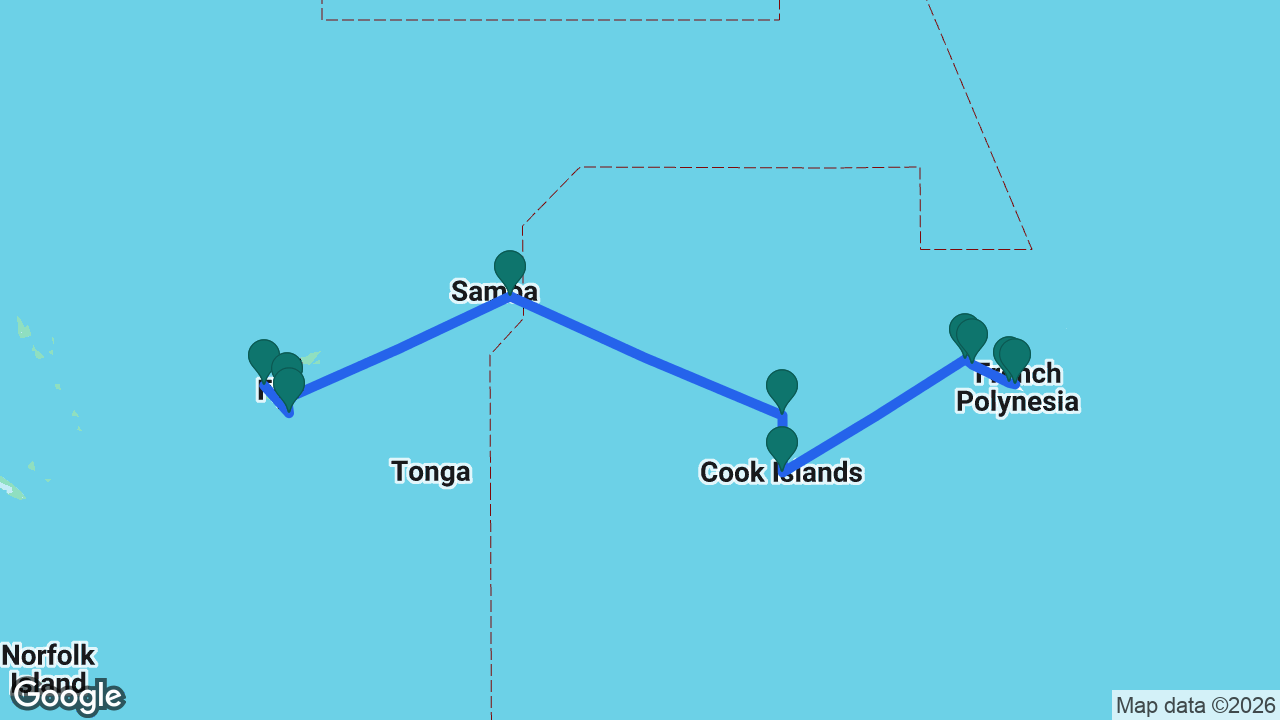 Route map: Lautoka -> Dravuni Island -> Fiji -> Apia -> Aitutaki -> Cook Islands -> Bora Bora -> Raiatea -> Moorea -> Tahiti