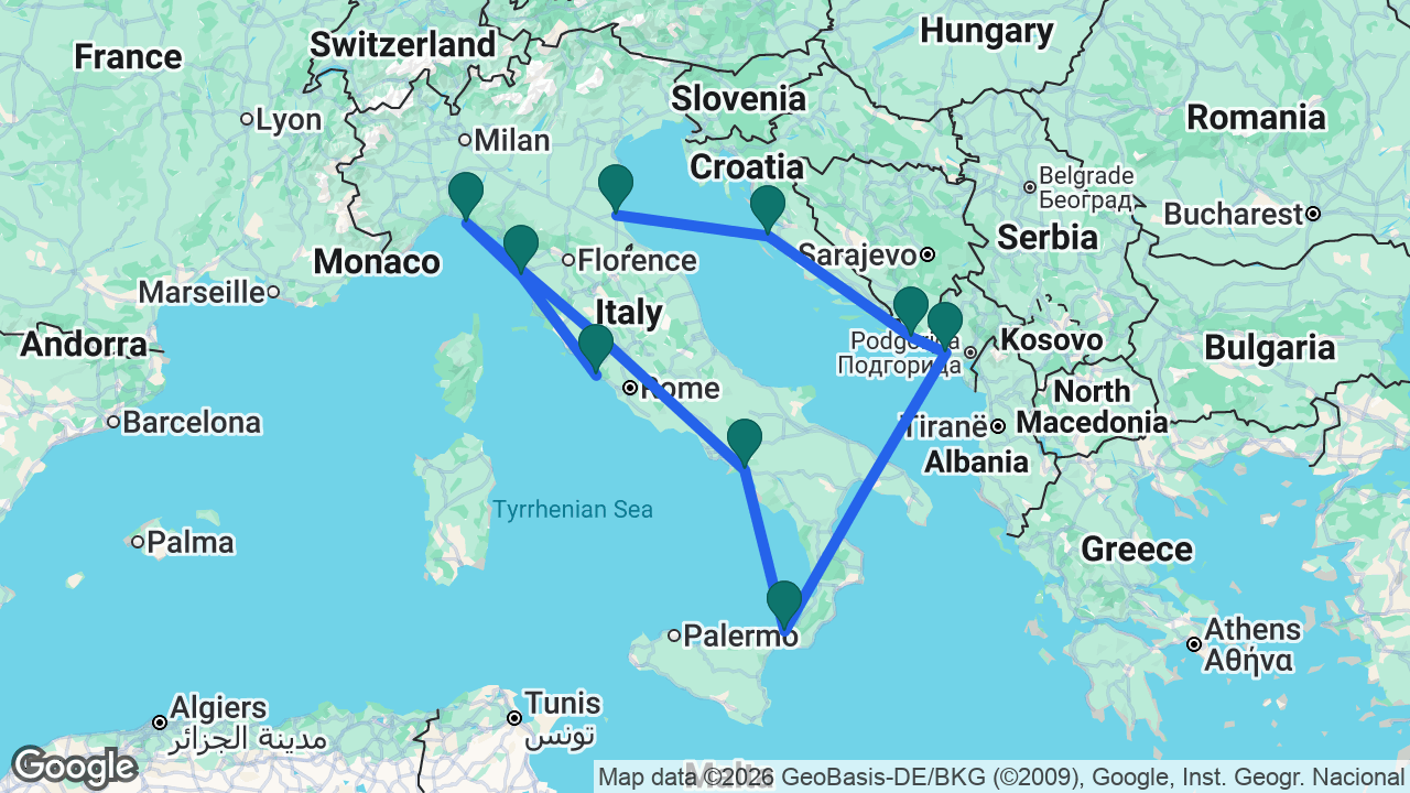 Route map: Ravenna -> Zadar -> Dubrovnik -> Kotor -> Messina -> Amalfi Coast -> Portofino -> Florence -> Rome