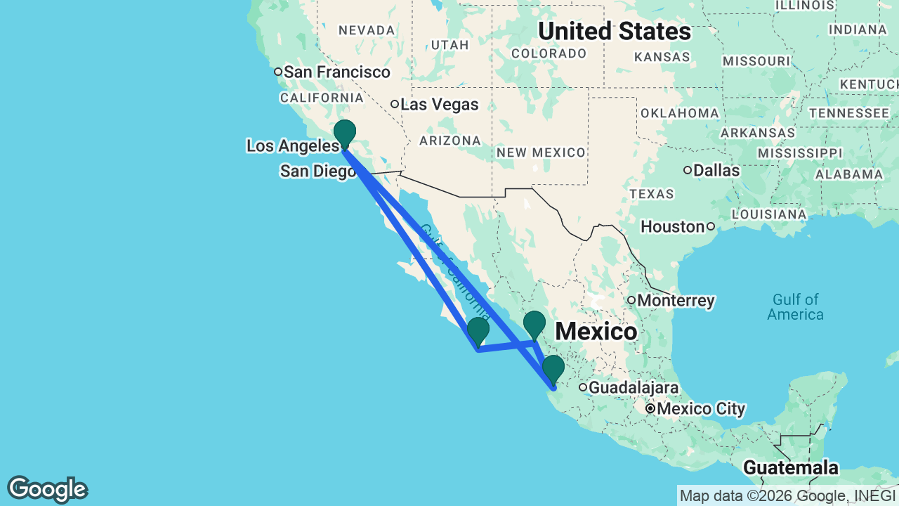 Route map: Los Angeles -> Cabo -> Mazatlán -> Puerto Vallarta -> Los Angeles