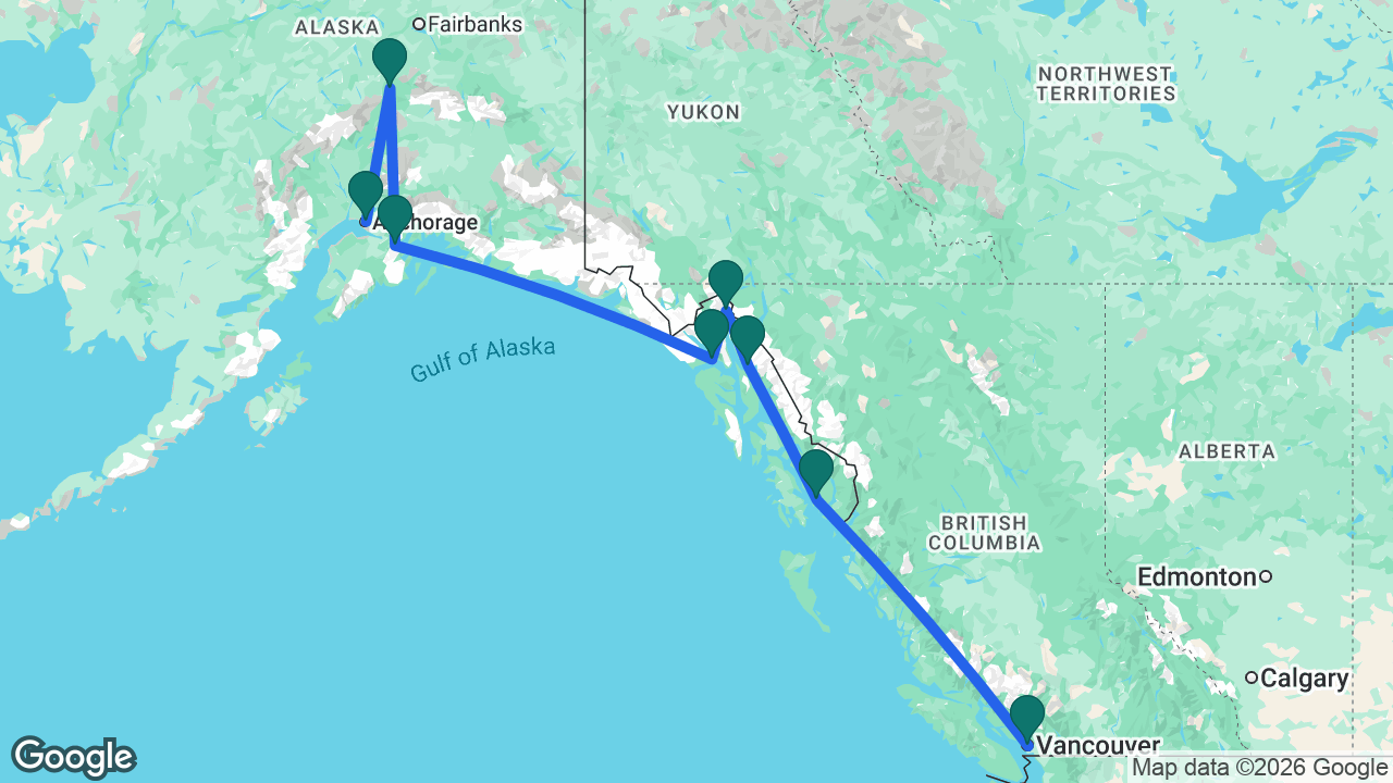 Route map: Anchorage -> Denali -> Whittier -> Glacier Bay -> Skagway -> Juneau -> Ketchikan -> Vancouver