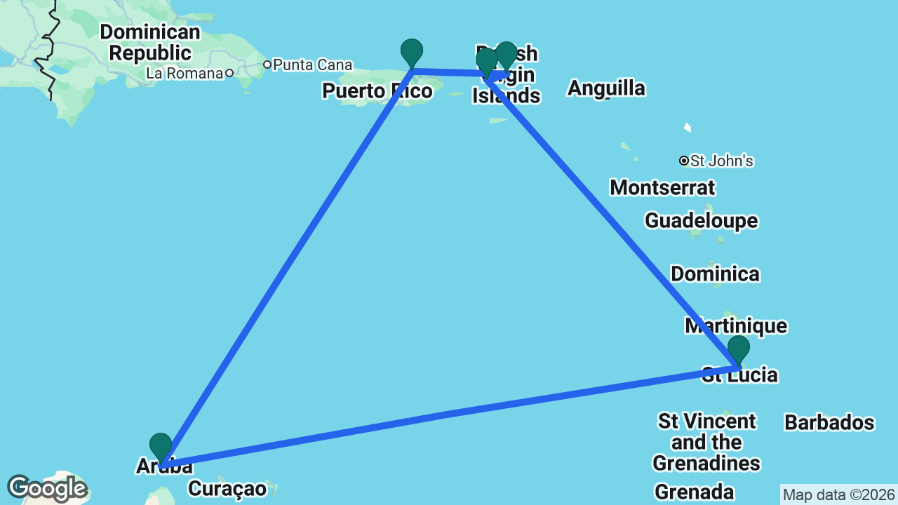 Route map: San Juan -> Tortola -> St. Thomas -> St. Lucia -> Aruba -> San Juan