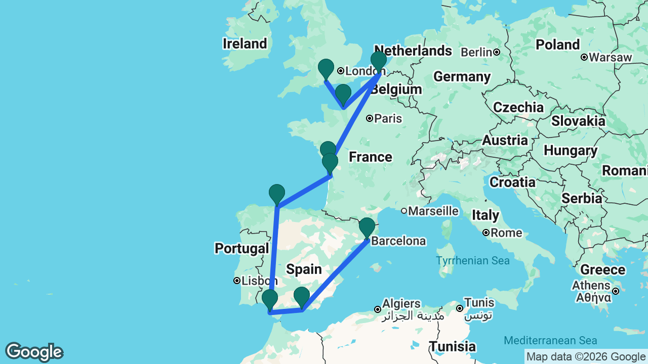 Route map: Barcelona -> Motril -> Cádiz -> Gijón -> Bordeaux -> La Rochelle -> Bruges -> Paris -> Southampton