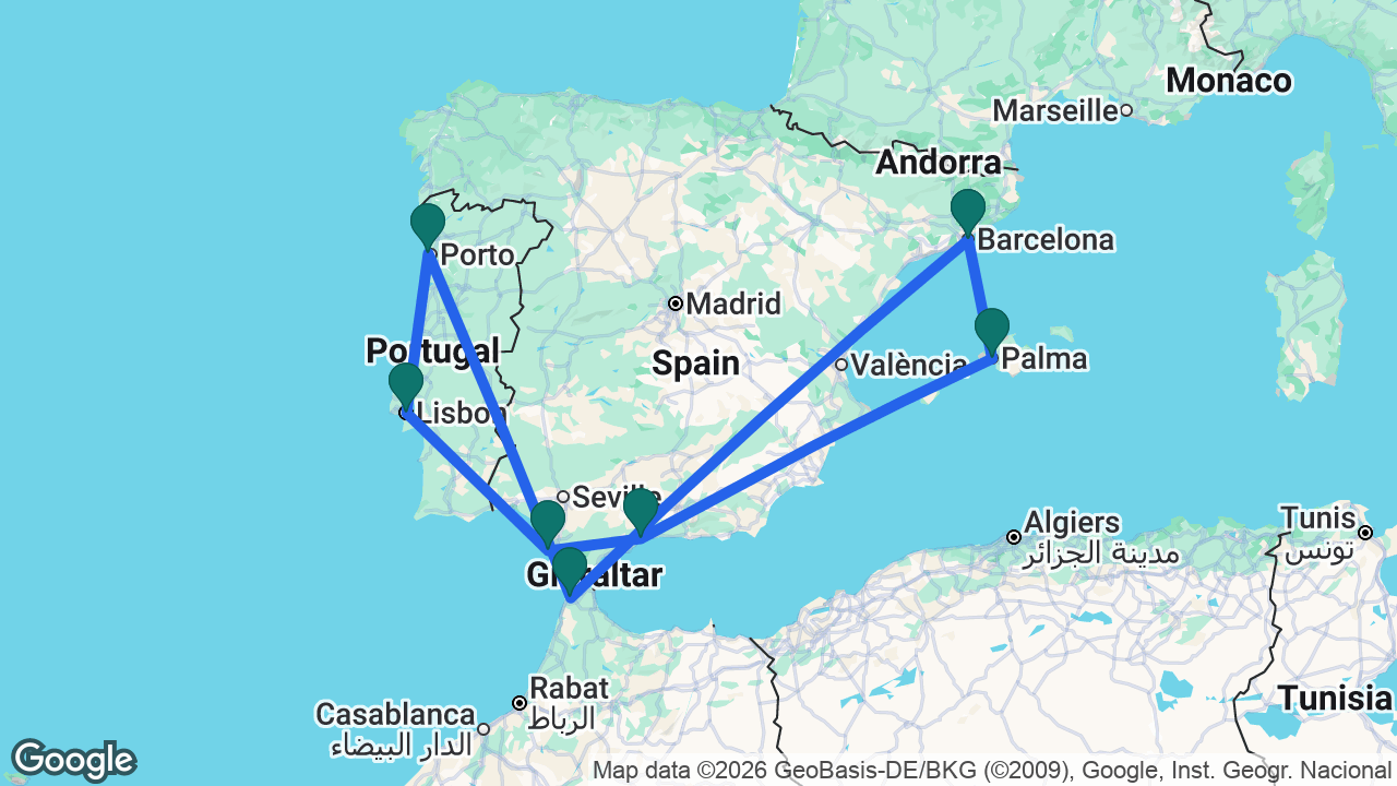 Route map: Barcelona -> Tangier -> Porto -> Lisbon -> Cádiz -> Málaga -> Mallorca -> Barcelona