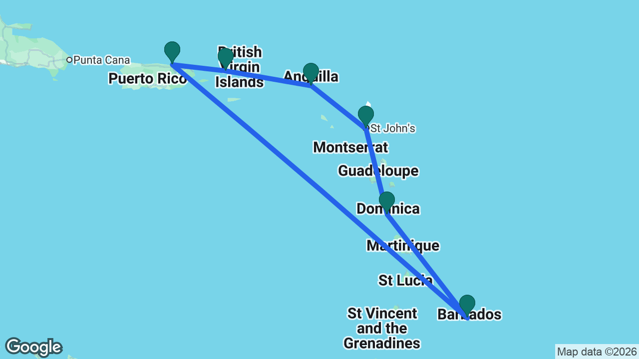 Route map: San Juan -> St. Thomas -> St. Maarten -> Antigua -> Dominica -> Barbados -> San Juan
