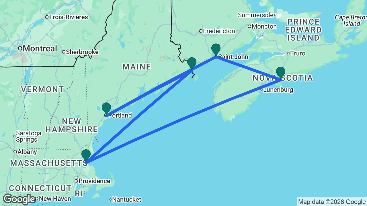Route map: Boston -> Eastport -> Portland -> Saint John -> Halifax -> Boston