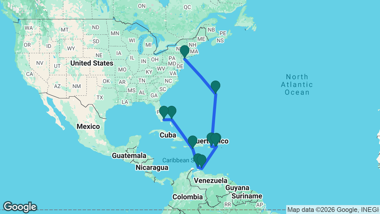 Route map: New York -> Bermuda -> San Juan -> St. Thomas -> Tortola -> Curaçao -> Aruba -> Cabo Rojo -> Great Stirrup Cay -> Miami