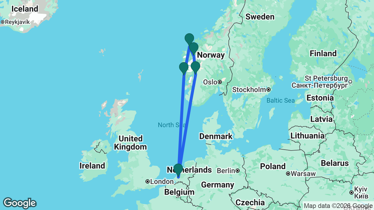 Route map: Rotterdam -> Eidfjord -> Olden -> Ålesund -> Bergen -> Rotterdam