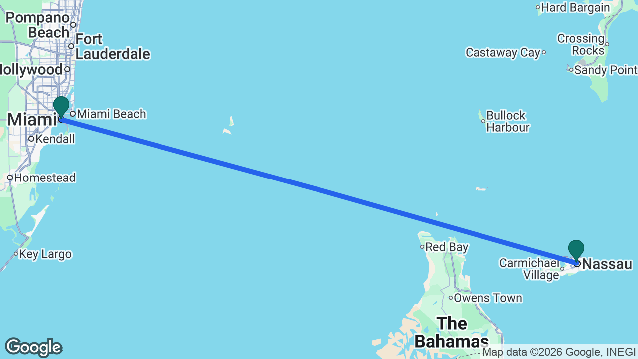 Route map: Miami -> Nassau -> Miami