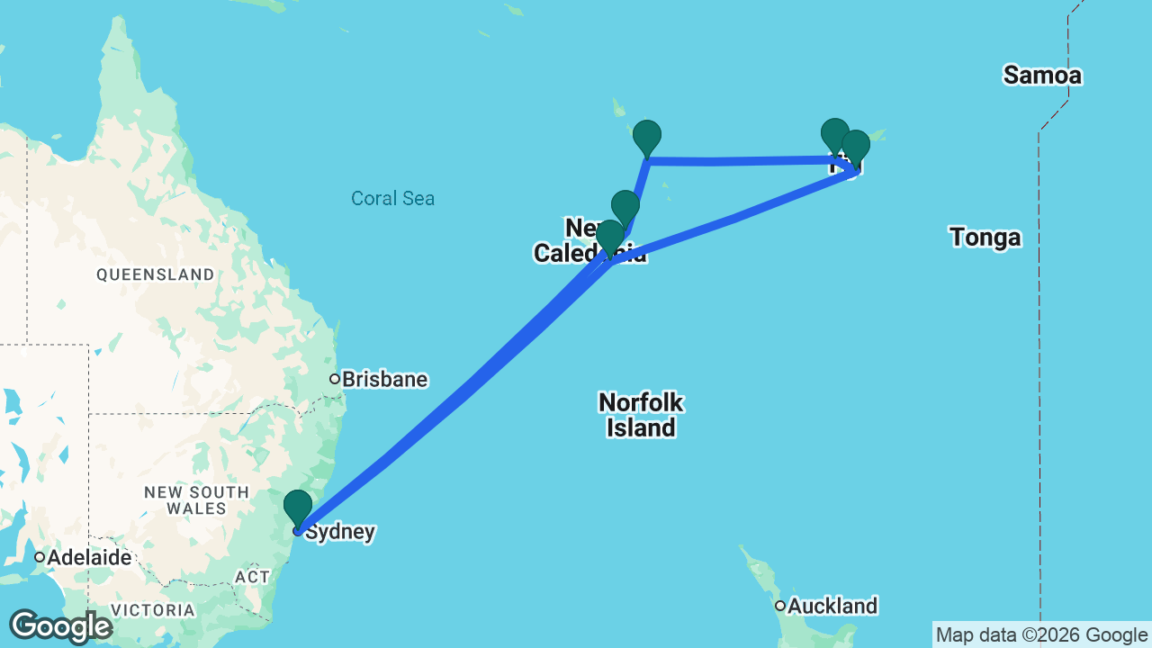 Route map: Sydney -> Nouméa -> Fiji -> Lautoka -> Lelepa -> Lifou -> Sydney