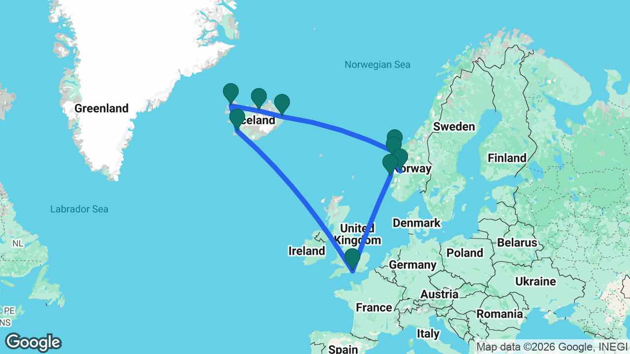 Route map: Southampton -> Reykjavik -> Isafjordur -> Akureyri -> Seydisfjordur -> Ålesund -> Flåm -> Nordfjordeid -> Bergen -> Southampton