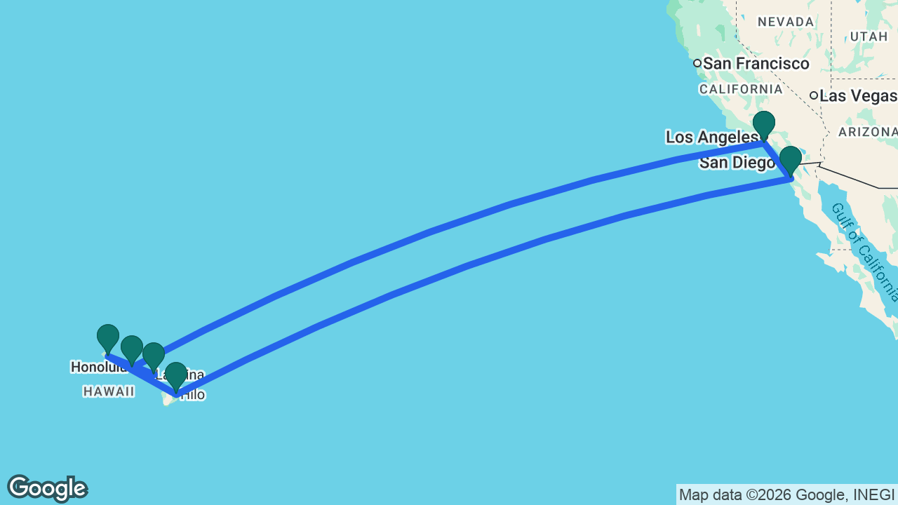 Route map: Los Angeles -> Honolulu -> Maui -> Kauai -> Hilo -> Ensenada -> Los Angeles