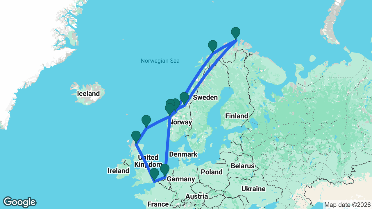 Route map: Rotterdam -> Ålesund -> Trondheim -> North Cape -> Tromsø -> Åndalsnes -> Nordfjordeid -> Lerwick -> Invergordon -> Dover -> Rotterdam