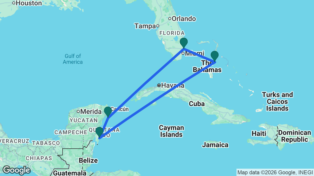 Route map: Fort Lauderdale -> Cozumel -> Costa Maya -> Nassau -> Fort Lauderdale