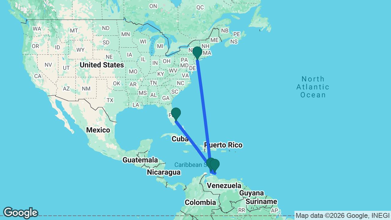 Route map: New York -> Aruba -> Curaçao -> Fort Lauderdale