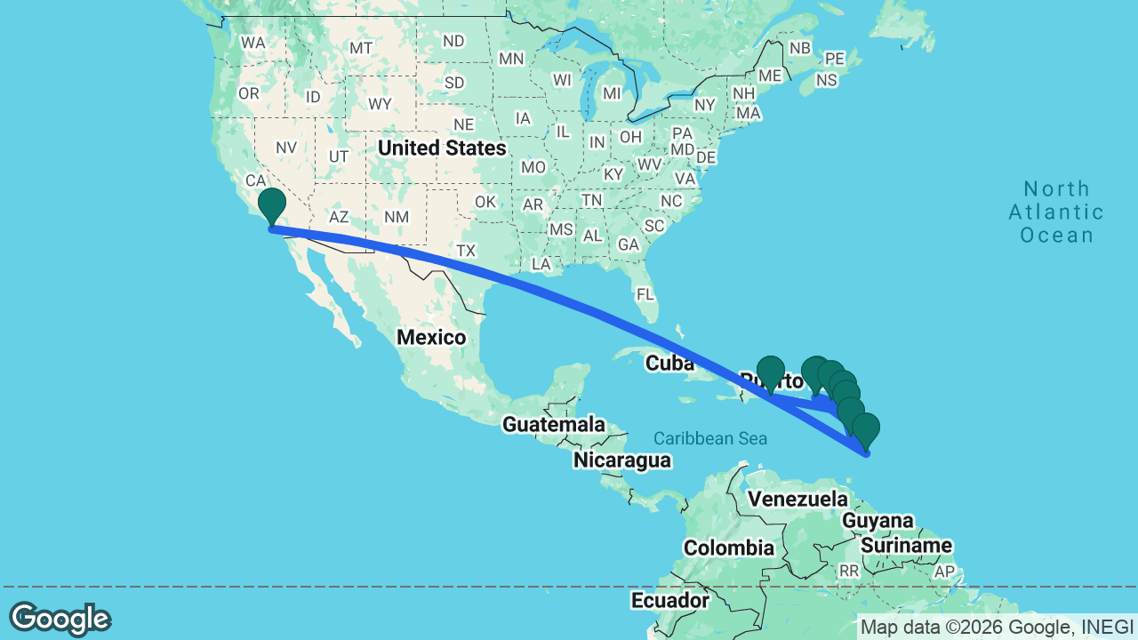 Route map: La Romana -> Catalina -> Barbados -> Martinique -> Guadeloupe -> Tortola -> Virgin Gorda -> St. Maarten -> Antigua -> La Romana