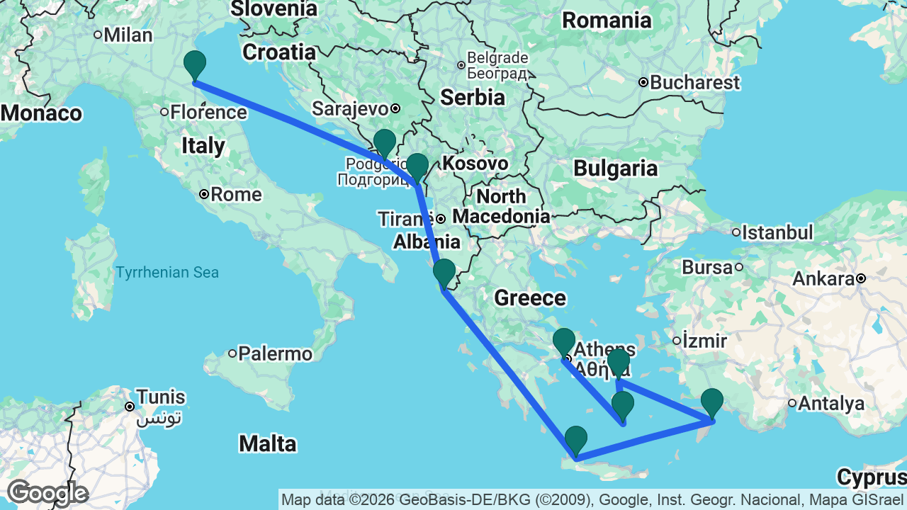 Route map: Ravenna -> Dubrovnik -> Bar -> Corfu -> Chania -> Rhodes -> Mykonos -> Santorini -> Athens