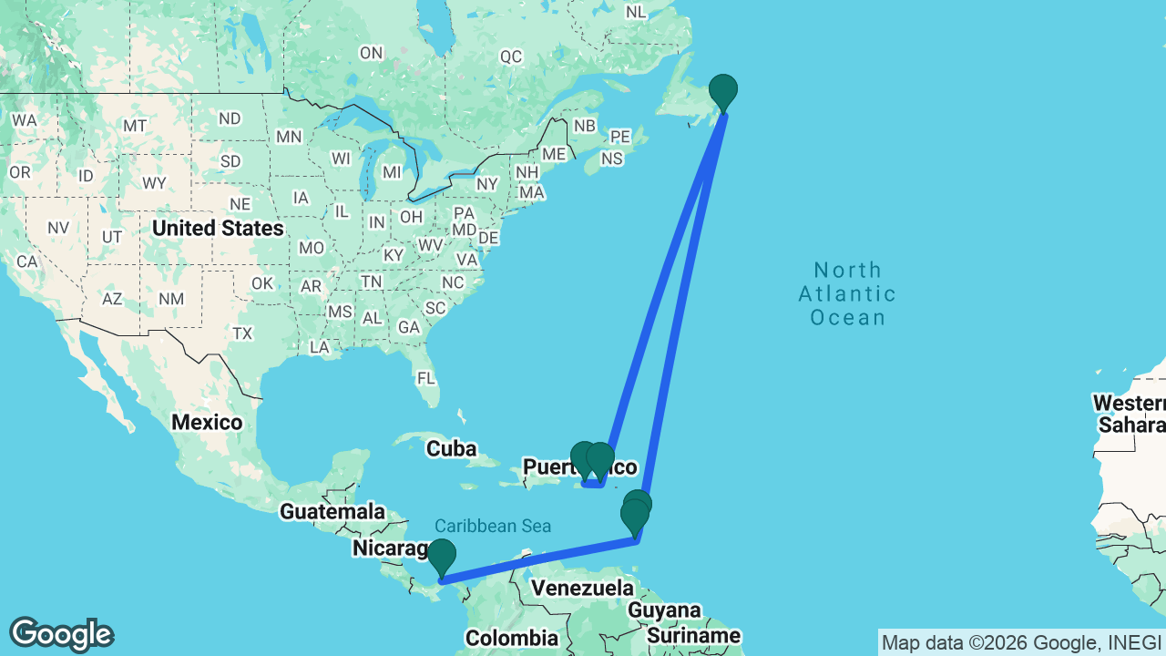 Route map: Colón -> St. Vincent -> St. Lucia -> St. John's -> Tortola -> San Juan