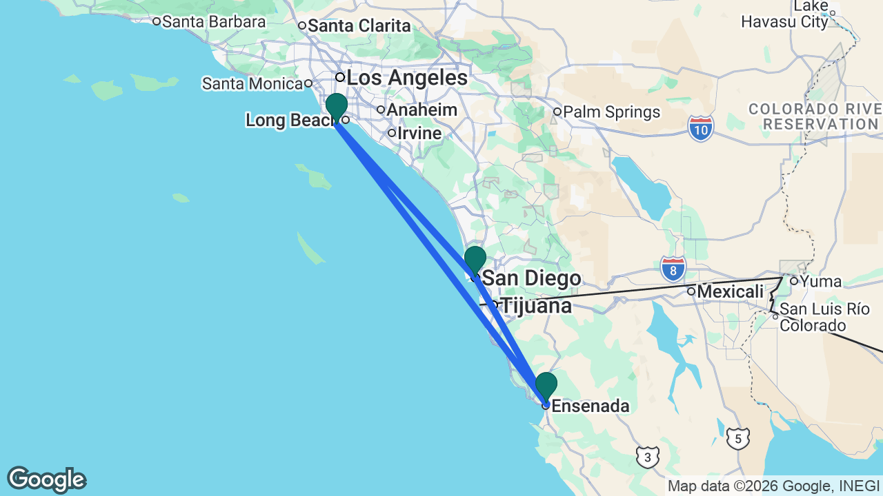 Route map: Los Angeles -> San Diego -> Ensenada -> Los Angeles