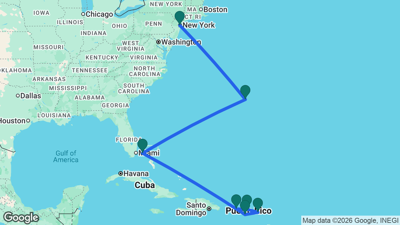 Route map: New York -> Bermuda -> Bimini -> St. Croix -> St. Maarten -> Tortola -> San Juan
