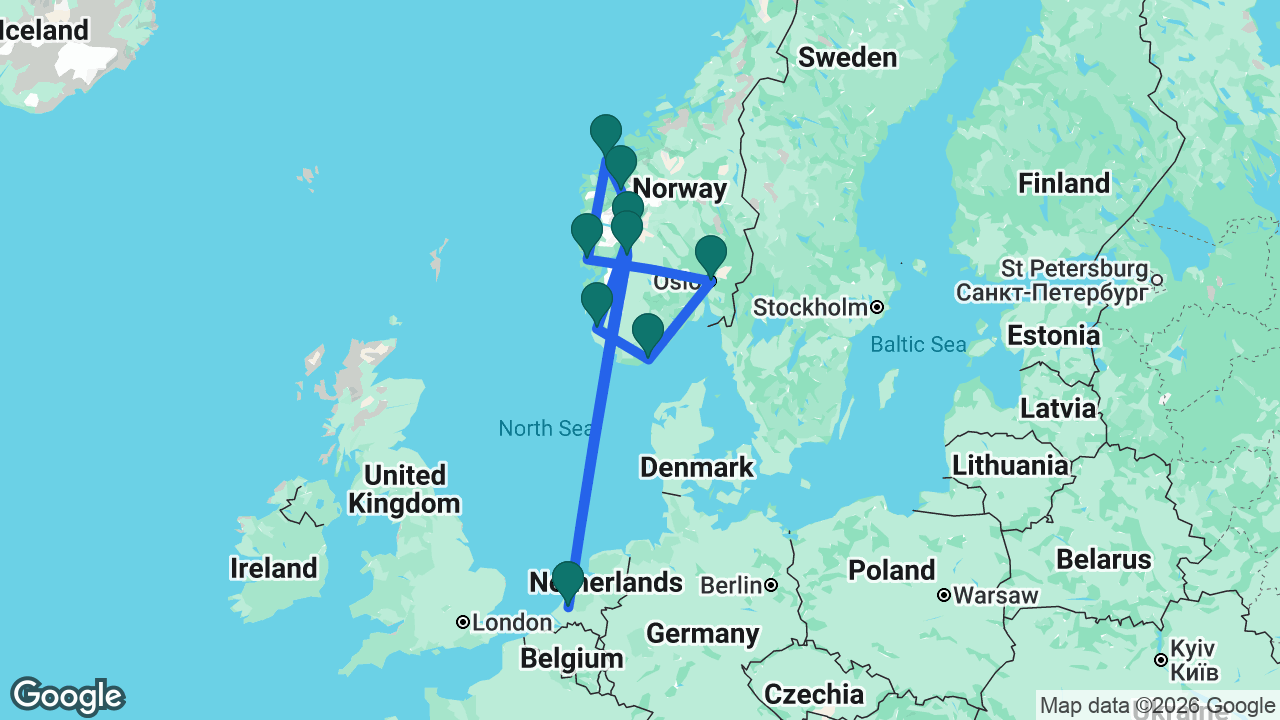 Route map: Rotterdam -> Eidfjord -> Olden -> Ålesund -> Bergen -> Oslo -> Kristiansand -> Sandnes -> Flåm -> Rotterdam